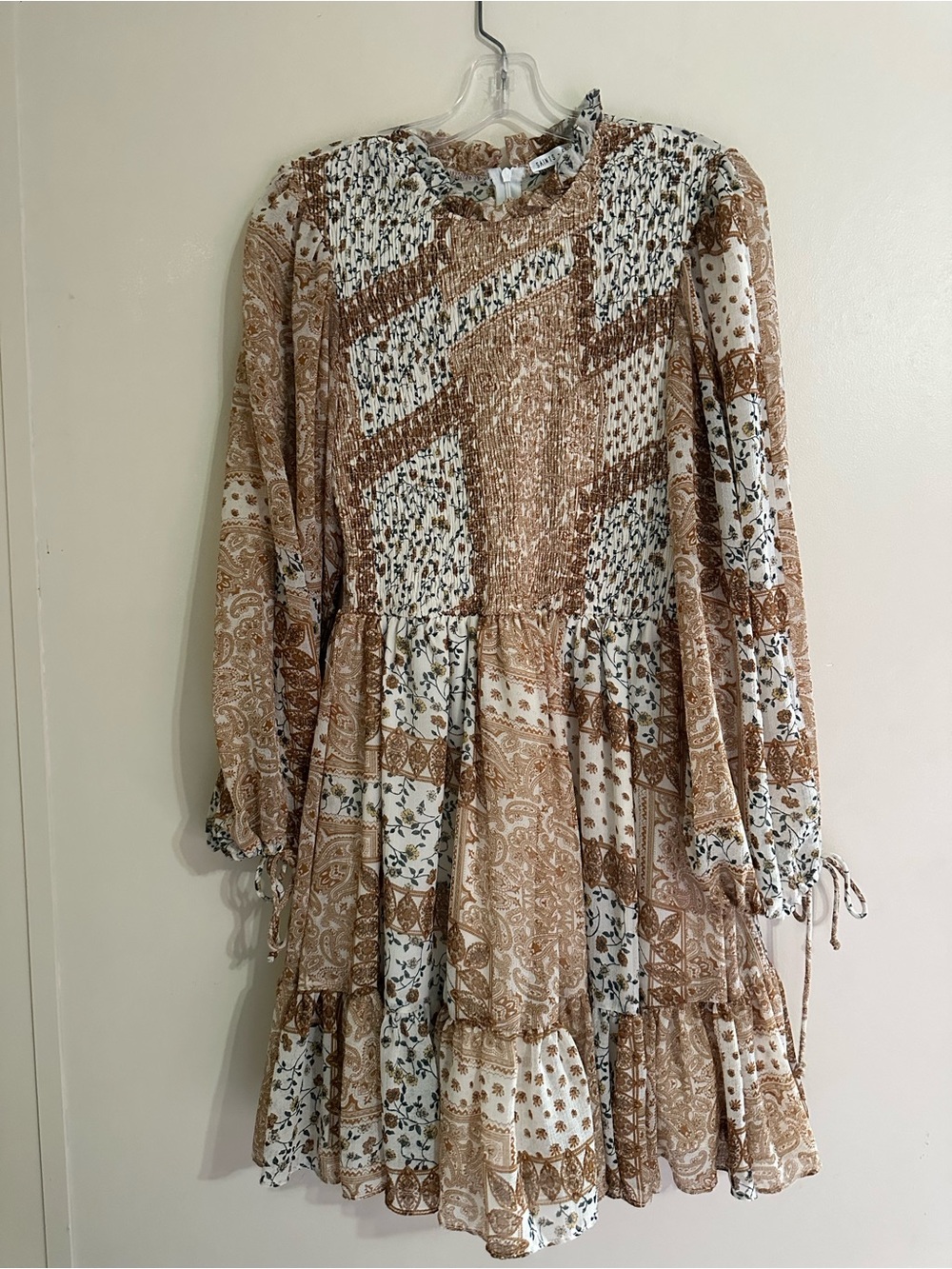 Bohemian Smocked Mini Dress in Beige Paisley